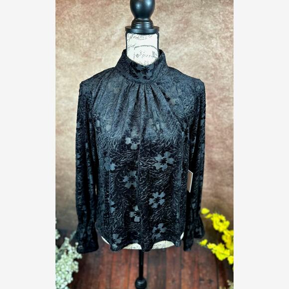 1. State High Neck Open Back Long Sleeve Blouse Rich Black M - Picture 9 of 16